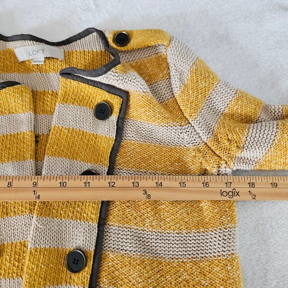 LOFT Military Style Cardigan Sweater Yellow Cream Striped Cotton Size Small - Picture 10 of 12